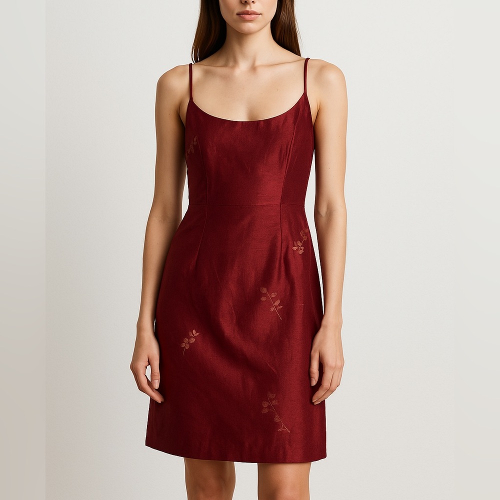 Tessuto Dupioni Silk Slip Dress Size XS Deep Red Elegant Floral Party Evening